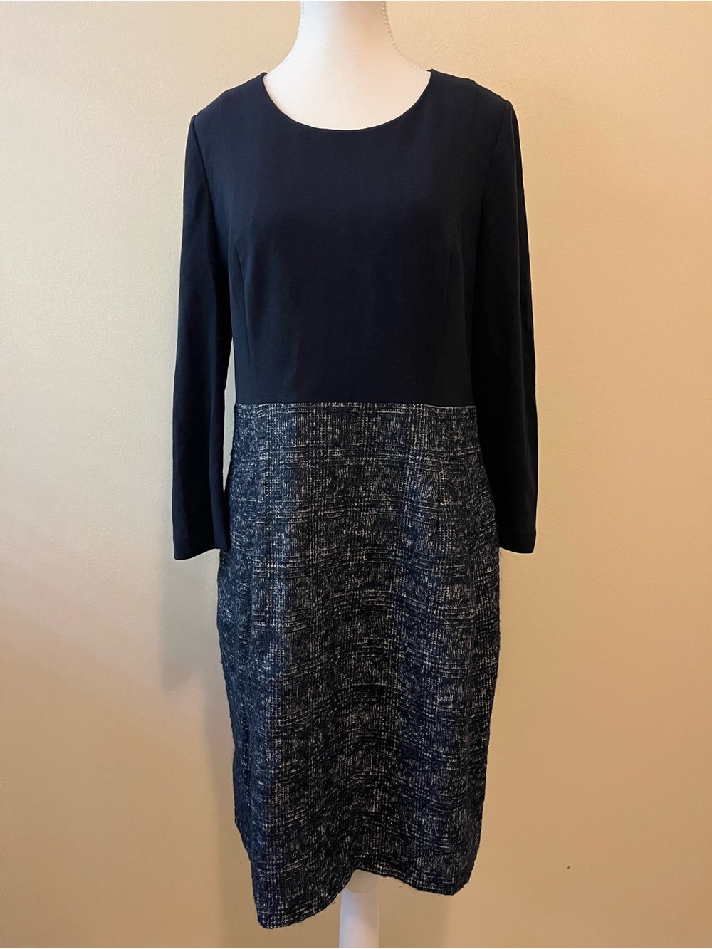 AKRIS PUNTO Wool Mohair Alpaca Blend 3/4 Sleeve Office Work Dress 10 Navy Tweed
